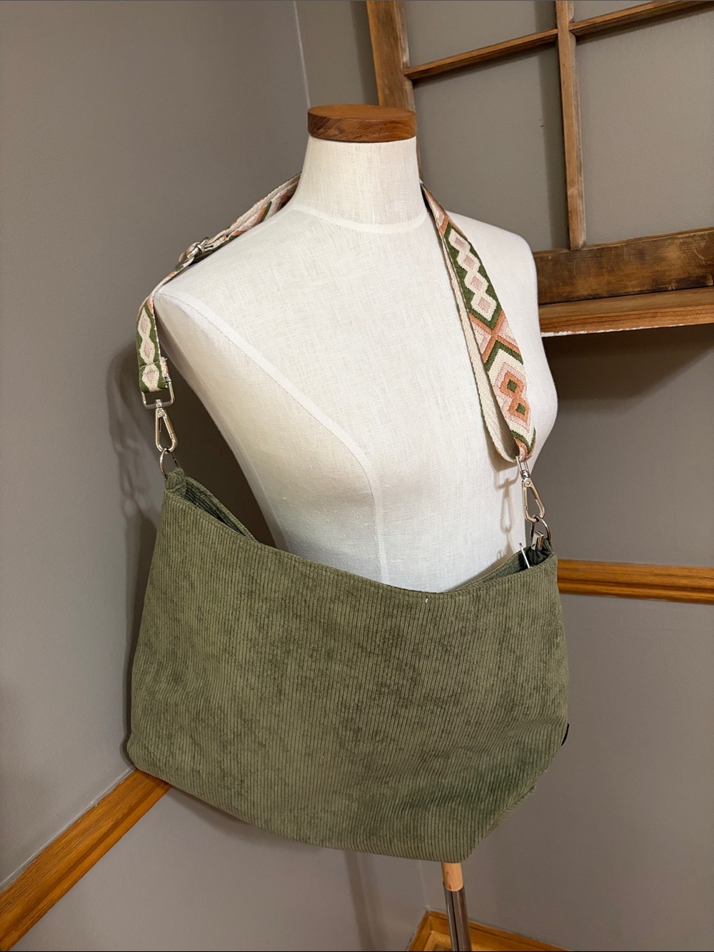 PRITE Olive Green Corduroy Shoulder Bag with Patterned Strap